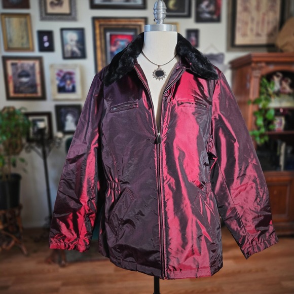 Vintage 90s Venezia Jeans Metallic Burgundy Jacket Faux Fur Collar Plus - Picture 2 of 7